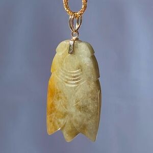 14k Solid Gold Jadeite Jade Carved Cicada Pendant